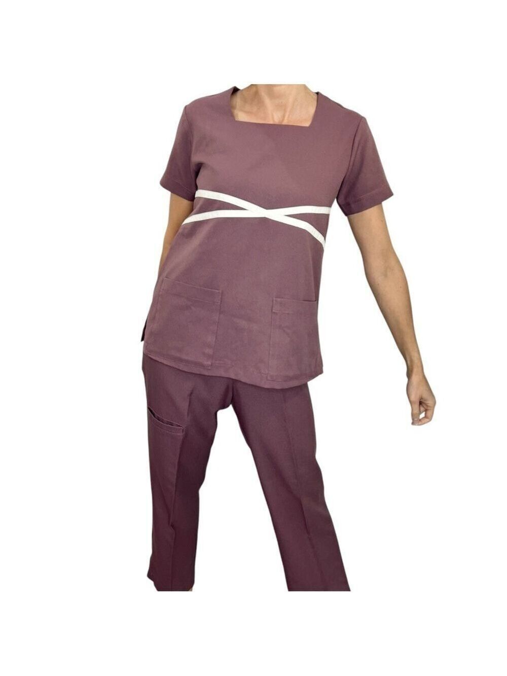 Vintage 60s 70s mauve polyester short sleeve straight leg pant suit set